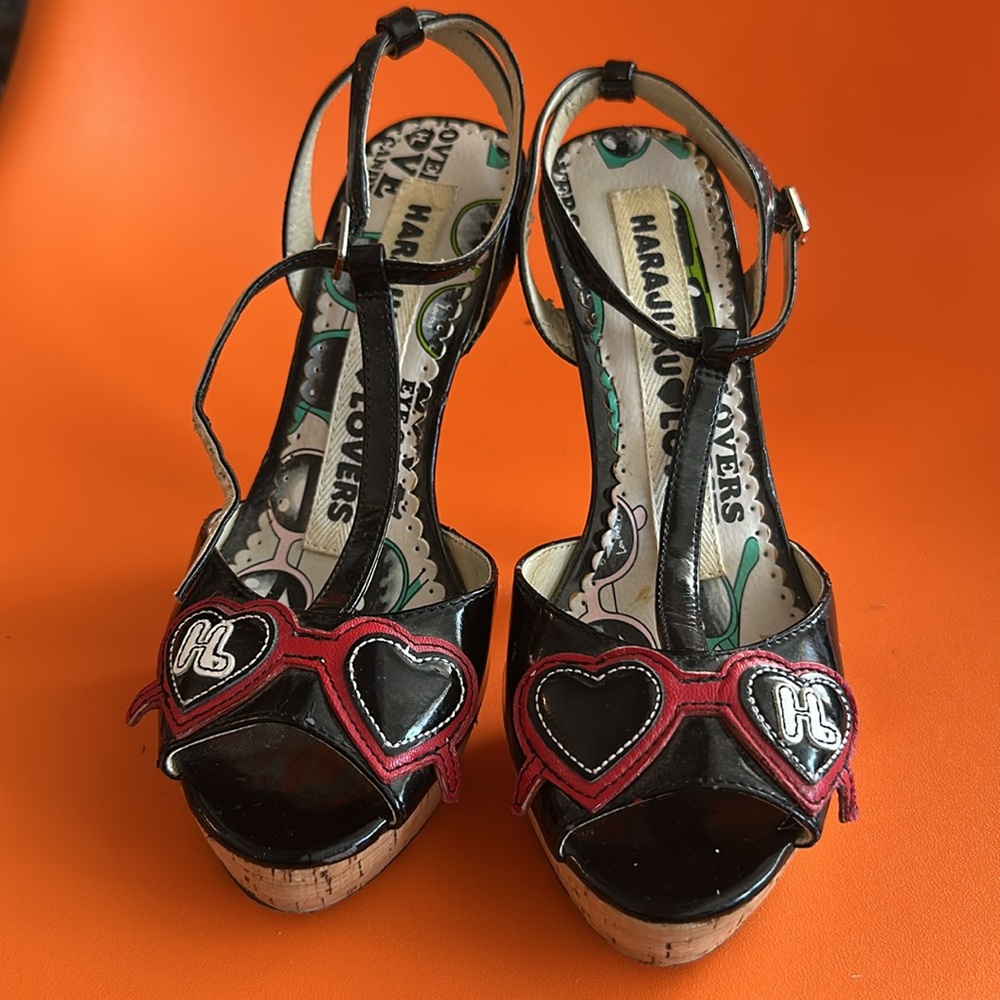 Harajuku Lovers Black and Red Stiletto Patent Leather Heels - Picture 2 of 9